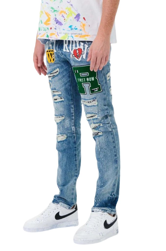 First Row varsity patched slim denim