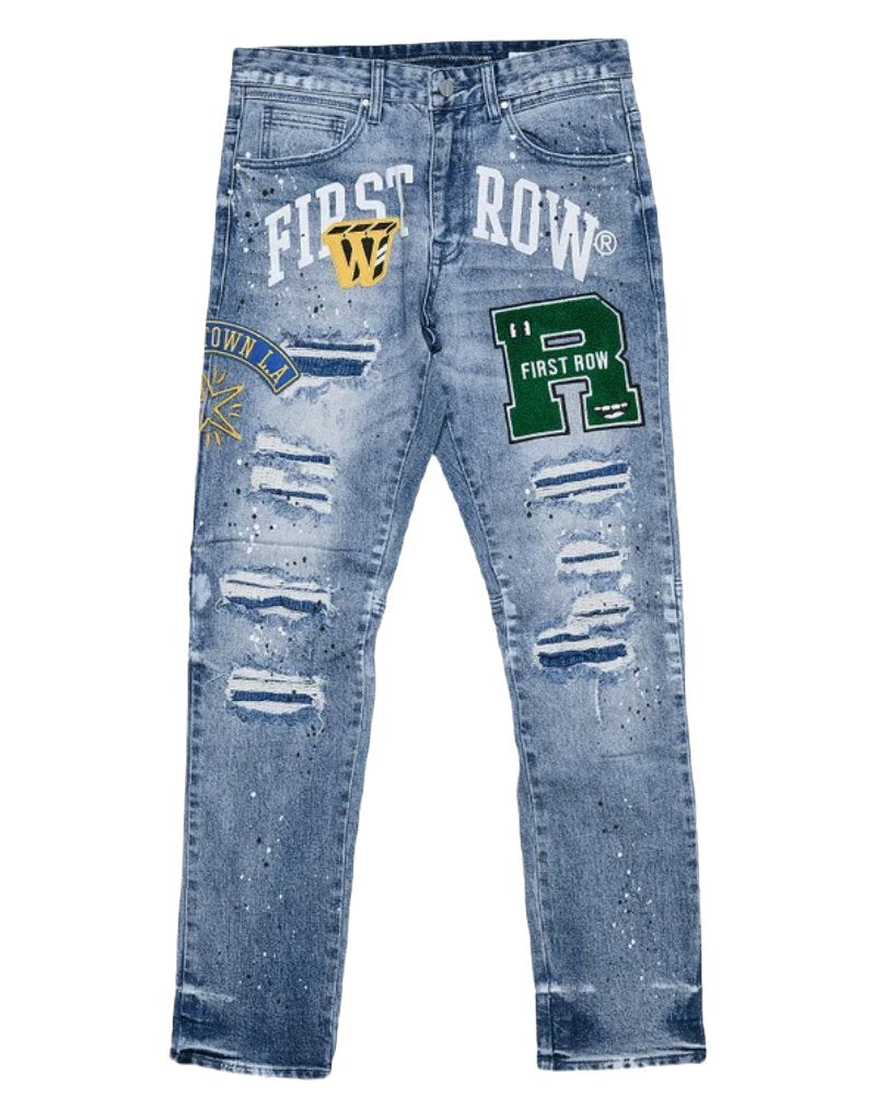First Row varsity patched slim denim