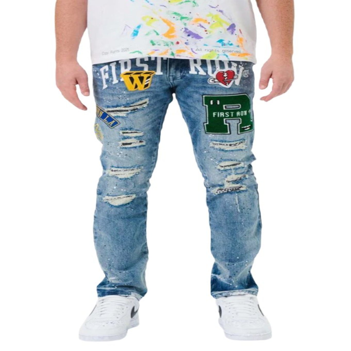 First Row varsity patched slim denim