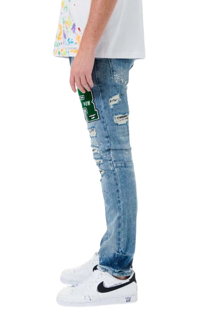 First Row varsity patched slim denim