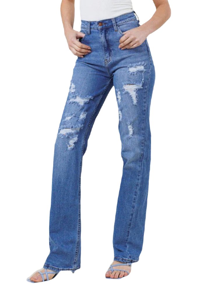 High Rise Distressed Straight Leg Jeans