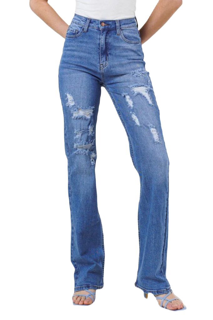 High Rise Distressed Straight Leg Jeans