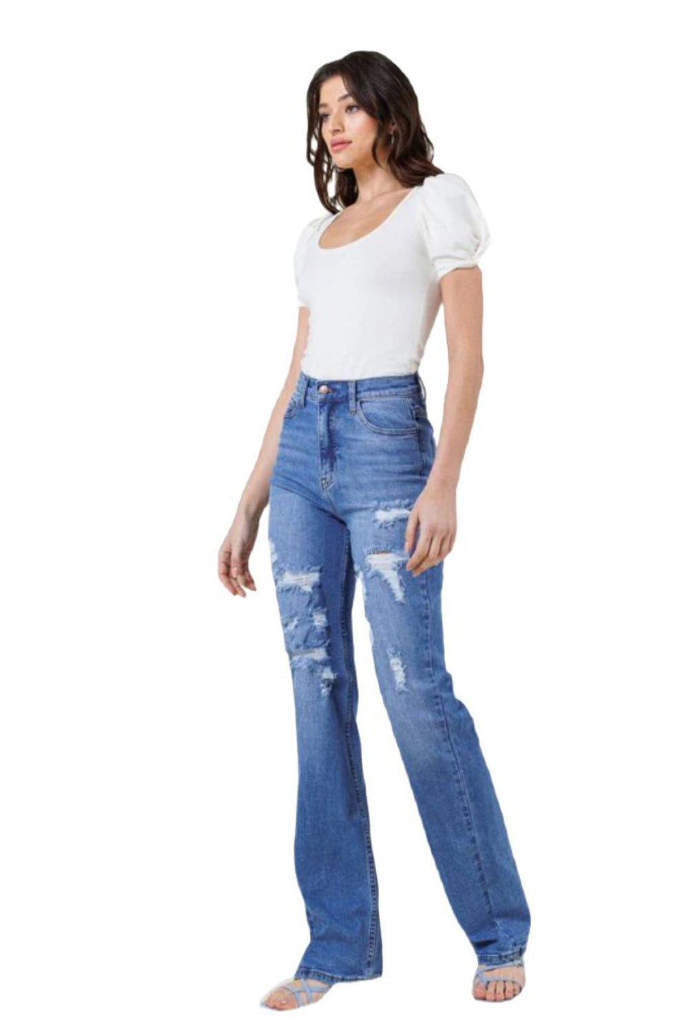 High Rise Distressed Straight Leg Jeans