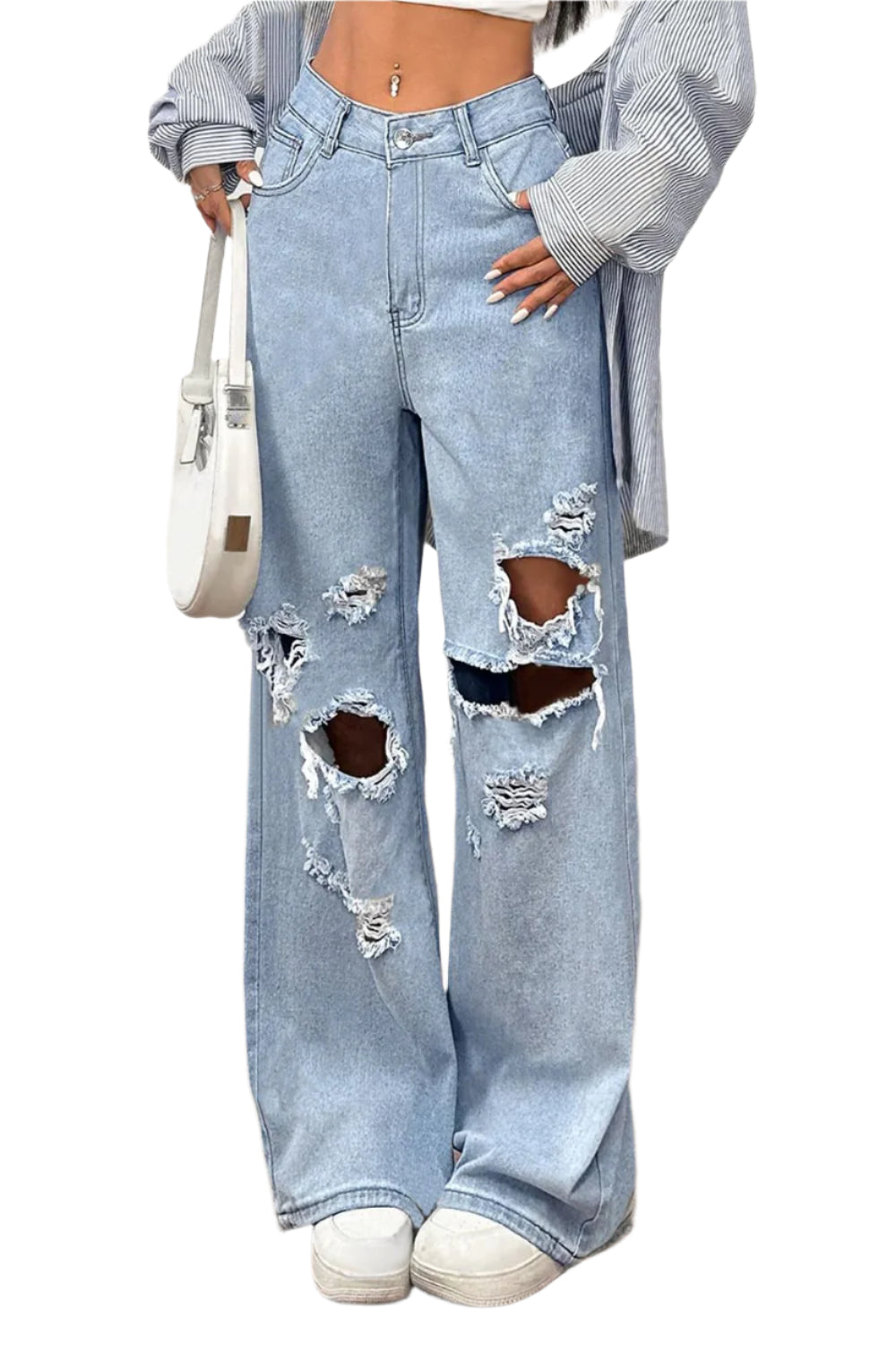 She Wild distressed wide leg jeans with pockets
