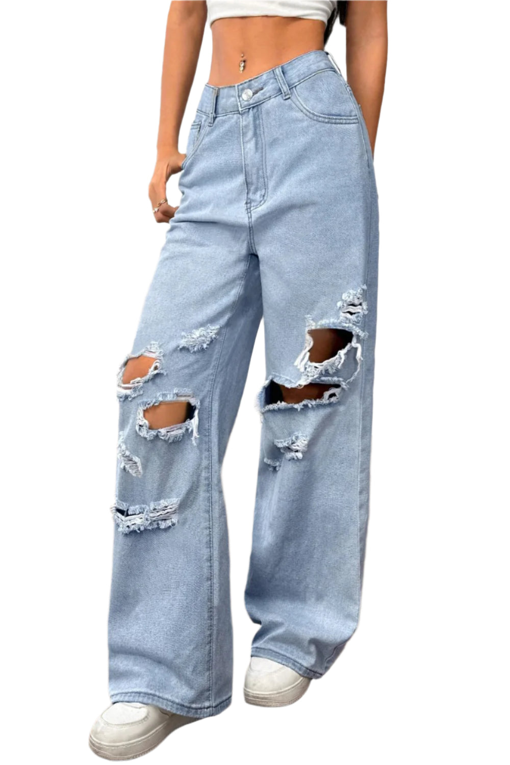 She Wild distressed wide leg jeans with pockets