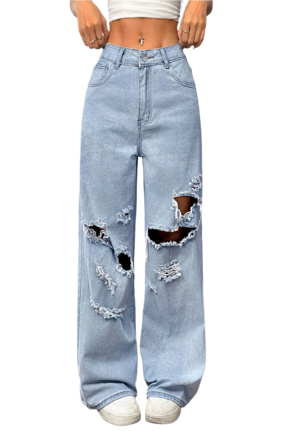 She Wild distressed wide leg jeans with pockets