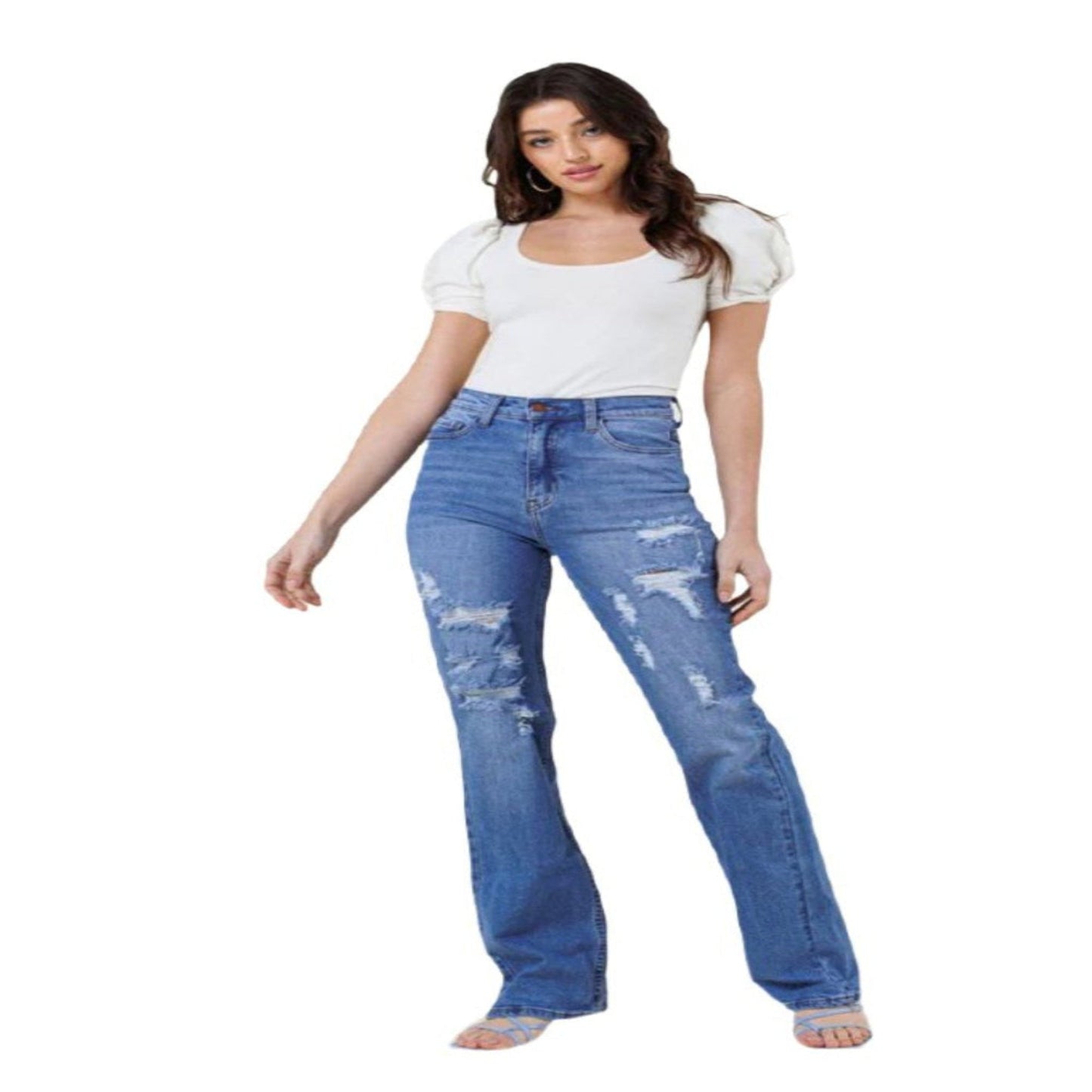 High Rise Distressed Straight Leg Jeans