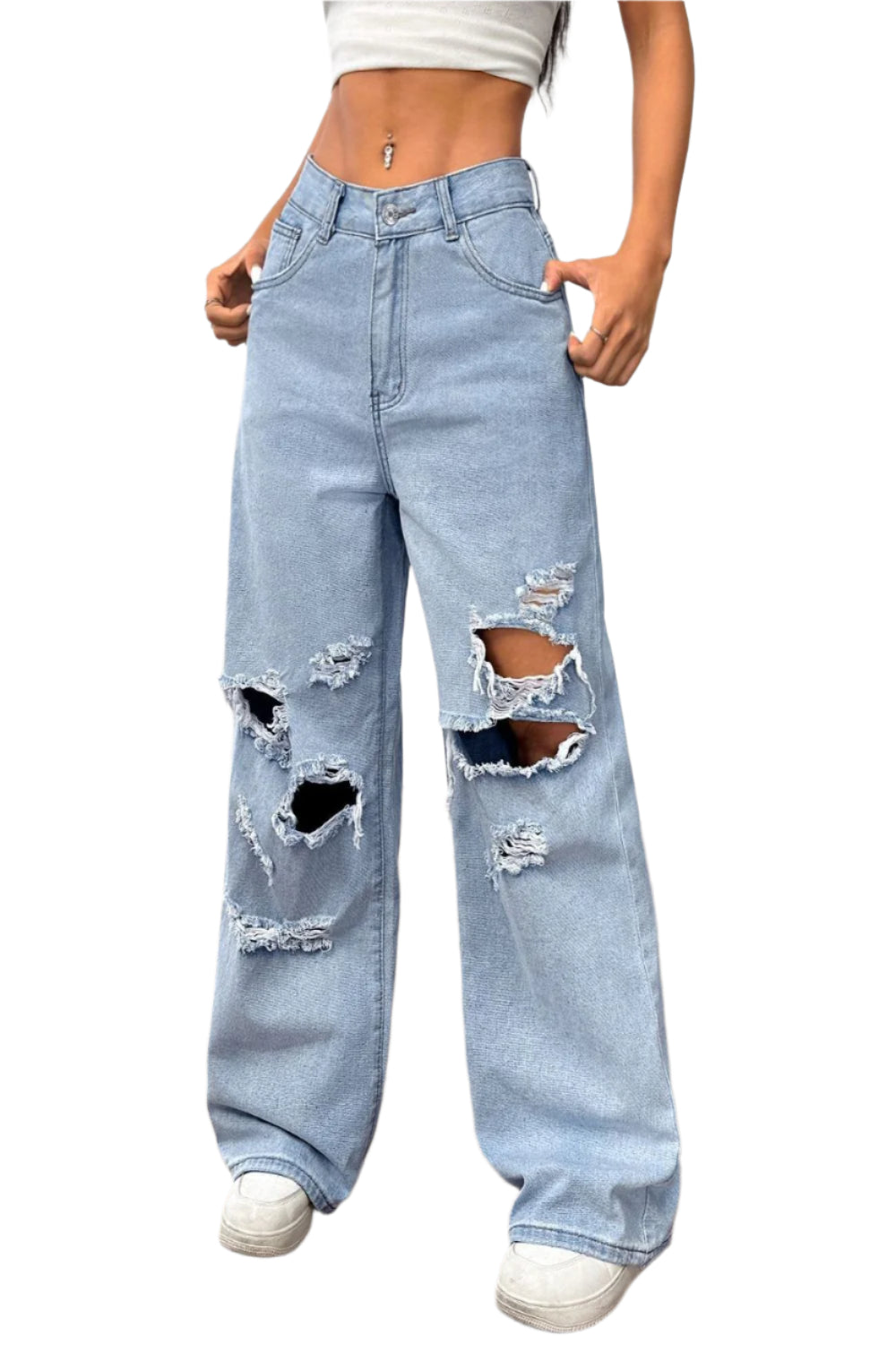 She Wild distressed wide leg jeans with pockets