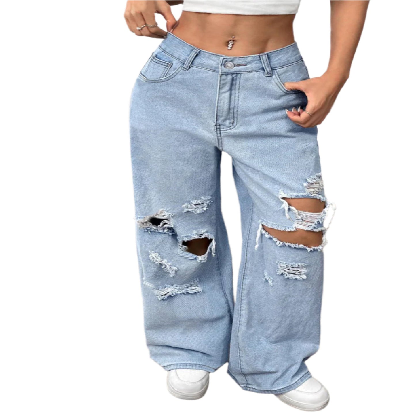 She Wild distressed wide leg jeans with pockets