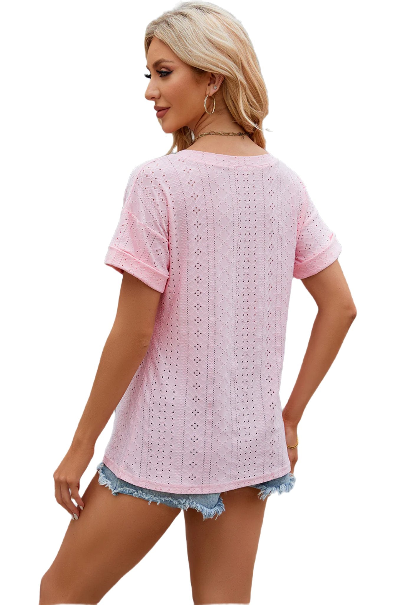 Eyelet V-Neck Short Sleeve T-Shirt