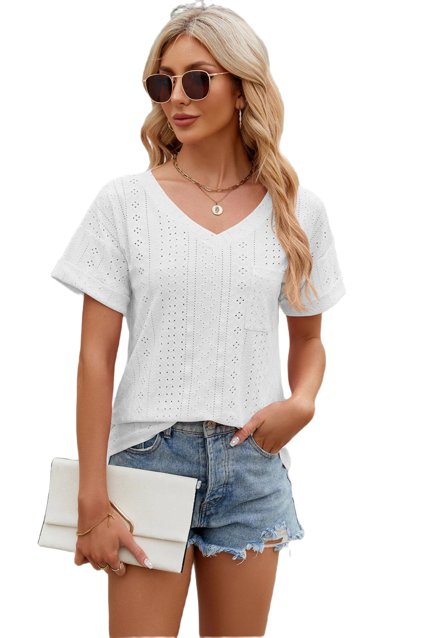 Eyelet V-Neck Short Sleeve T-Shirt