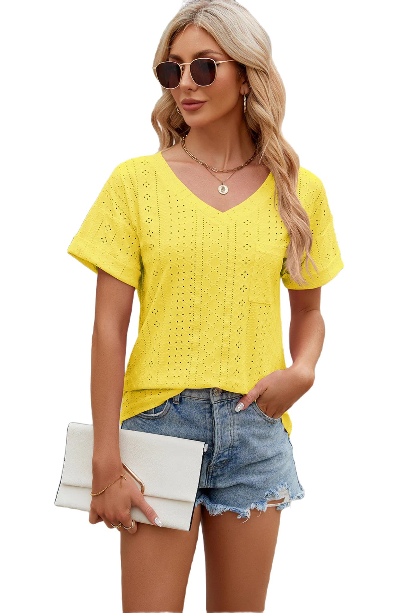 Eyelet V-Neck Short Sleeve T-Shirt