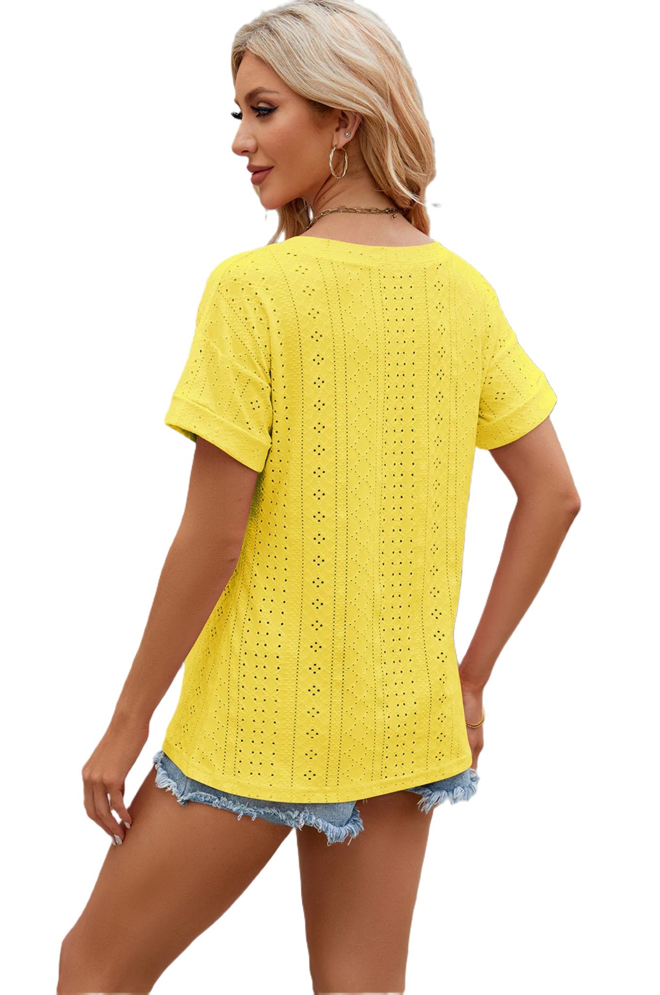 Eyelet V-Neck Short Sleeve T-Shirt