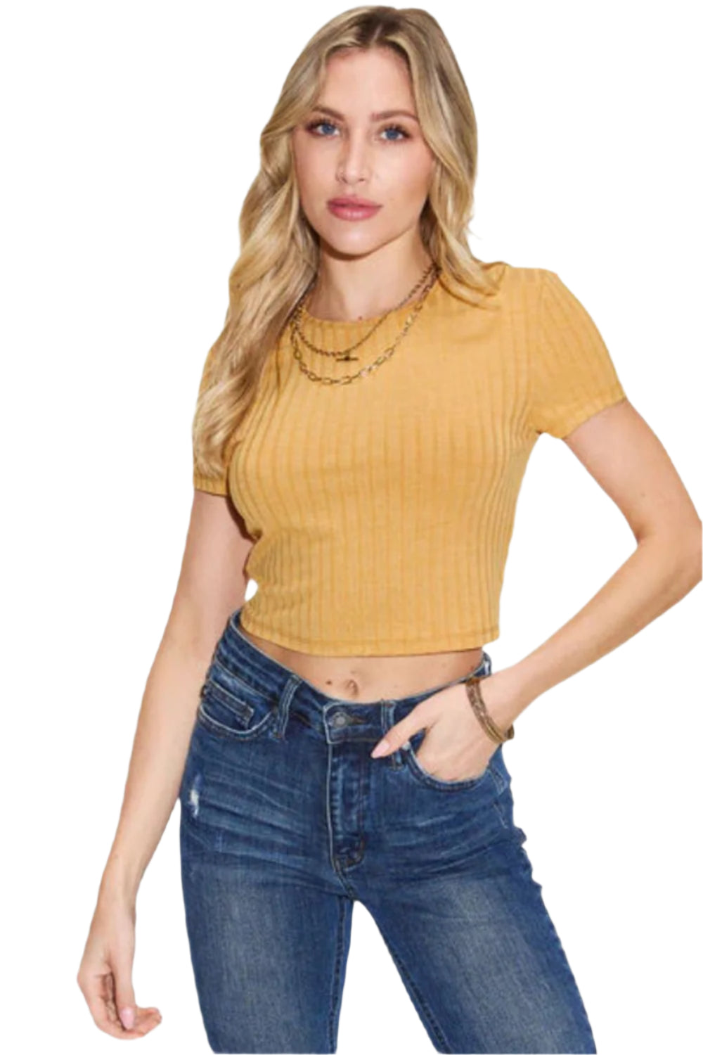 Basic Bae Ribbed Round Neck Short T-shirt