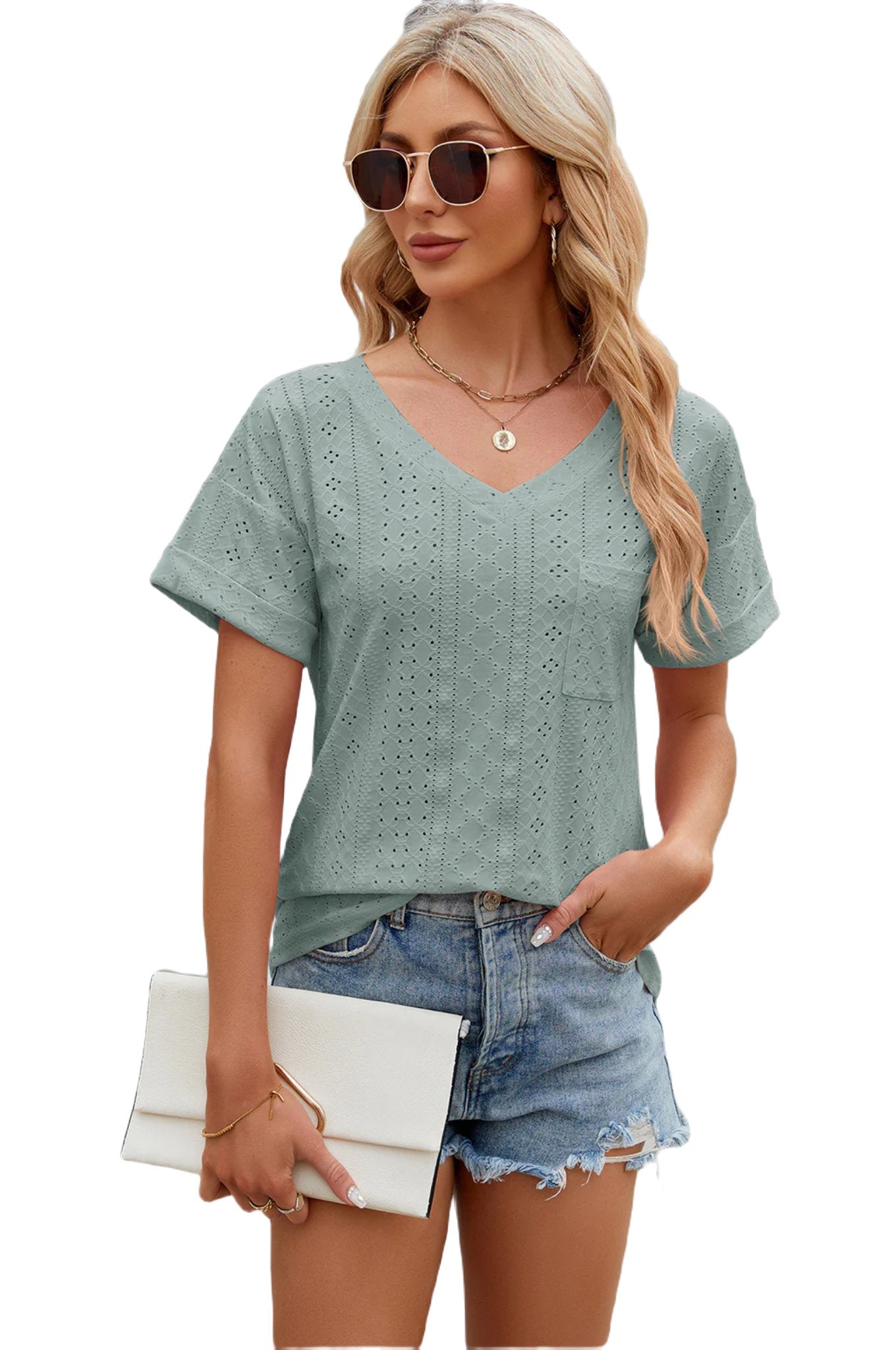 Eyelet V-Neck Short Sleeve T-Shirt