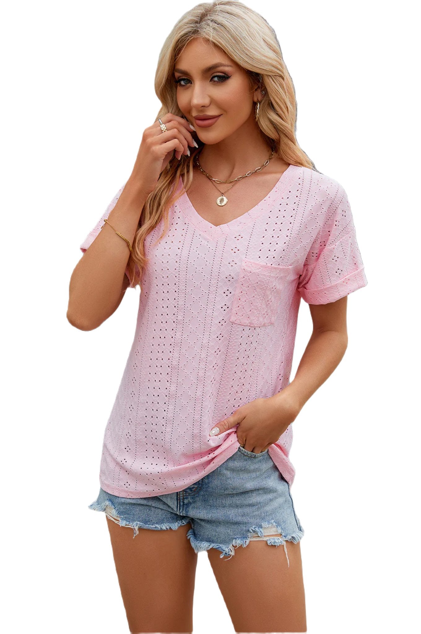 Eyelet V-Neck Short Sleeve T-Shirt