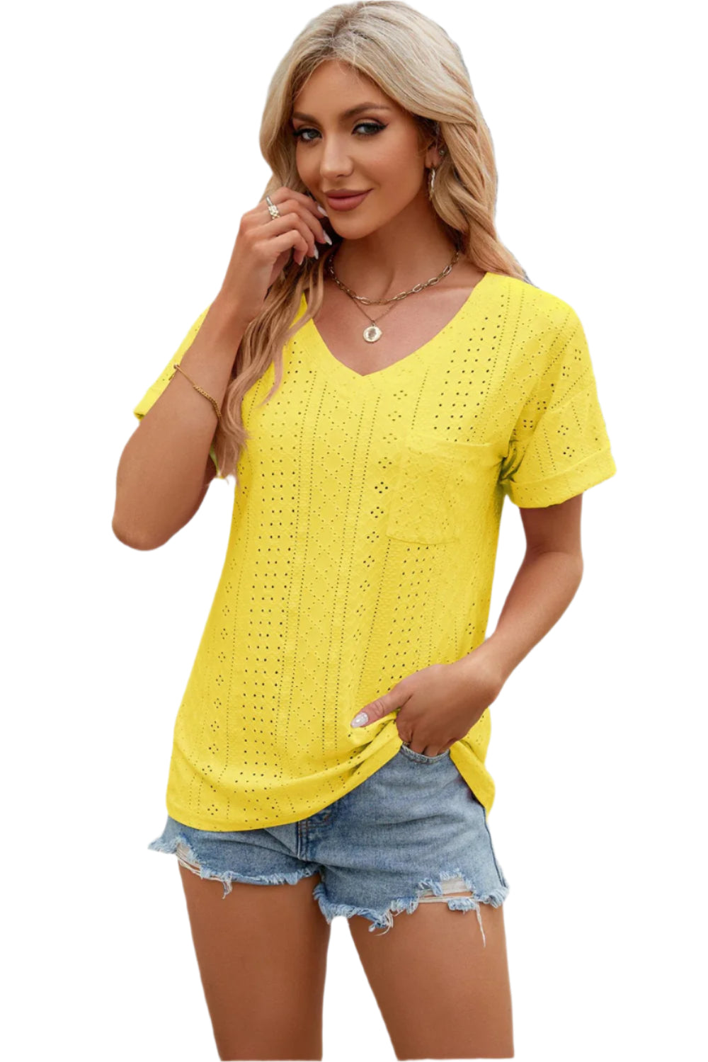 Eyelet V-Neck Short Sleeve T-Shirt