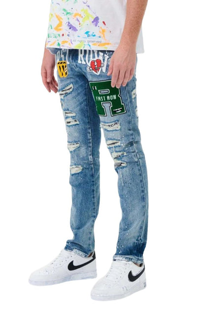First Row varsity patched slim denim