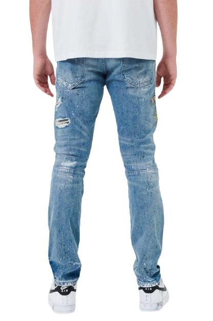 First Row varsity patched slim denim