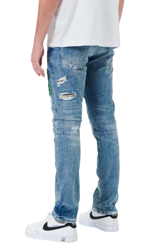 First Row varsity patched slim denim