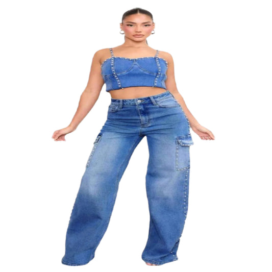 Pearl high-rise wide leg cargo jeans