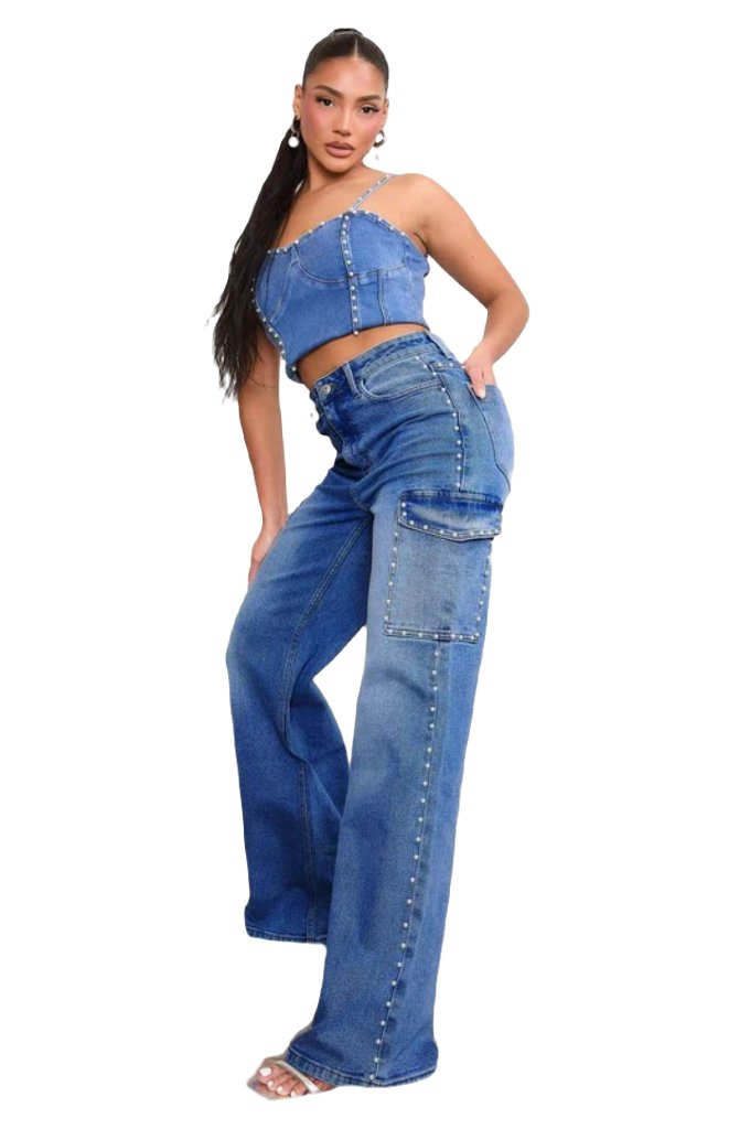 Pearl high-rise wide leg cargo jeans