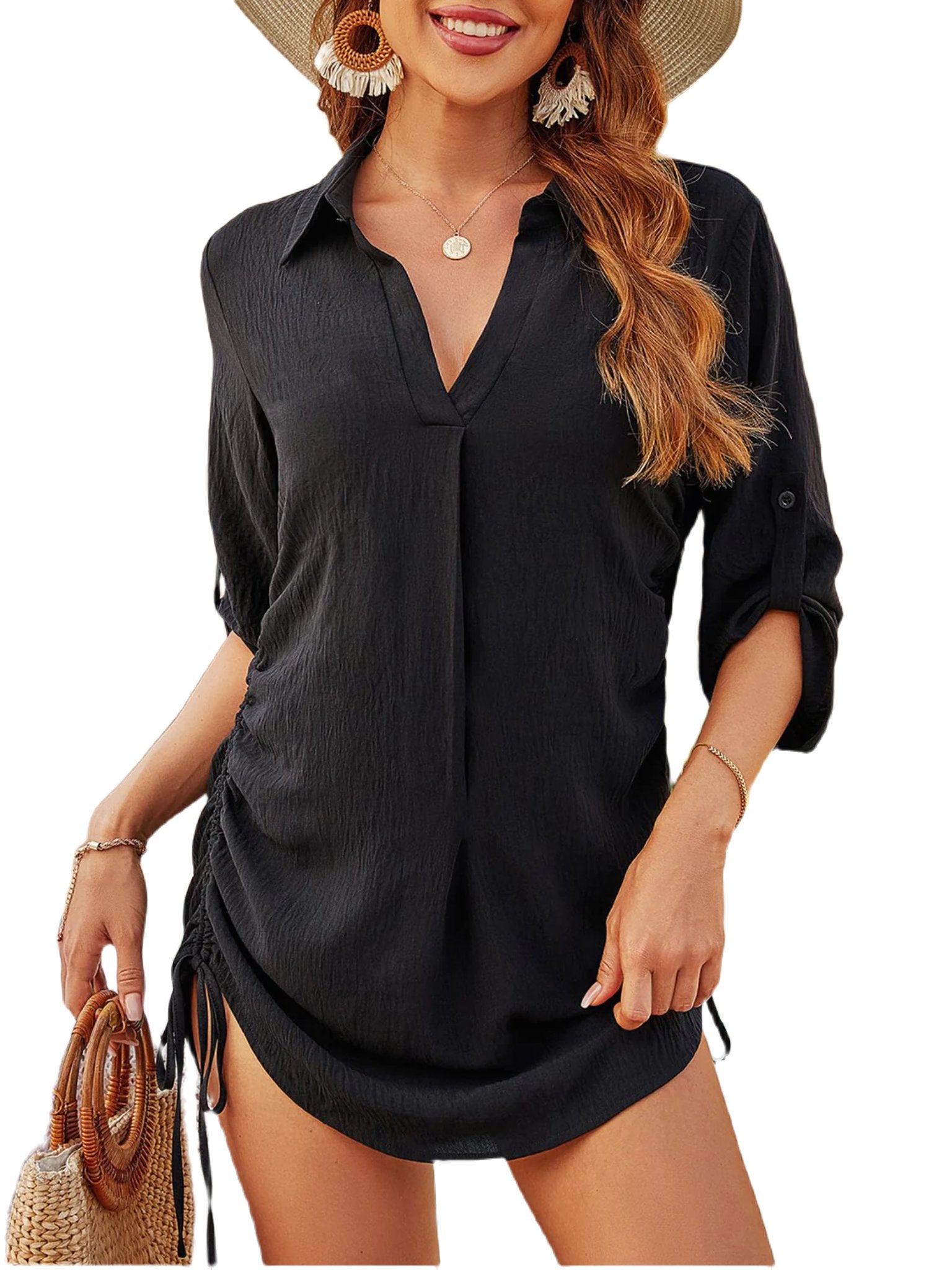Texture Drawstring Half Sleeve Blouse