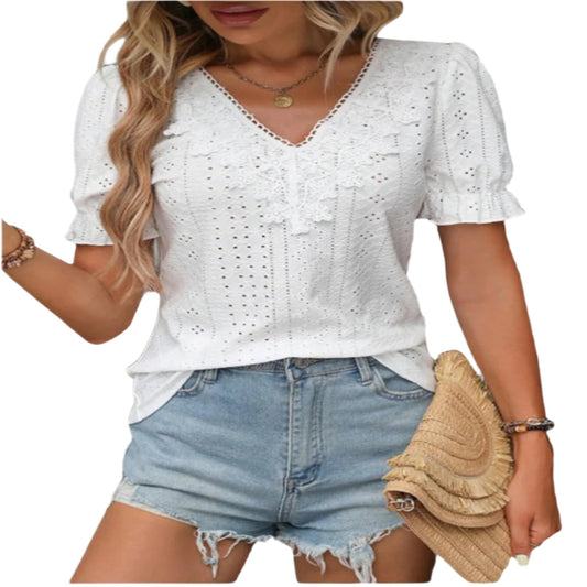 Eyelet Lace Detail V-Neck Flounce Sleeve Blouse