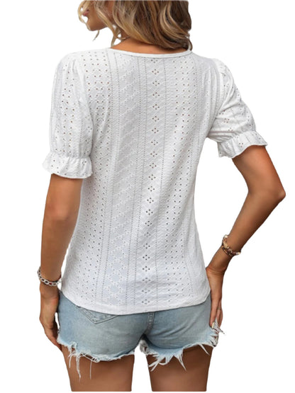 Eyelet Lace Detail V-Neck Flounce Sleeve Blouse
