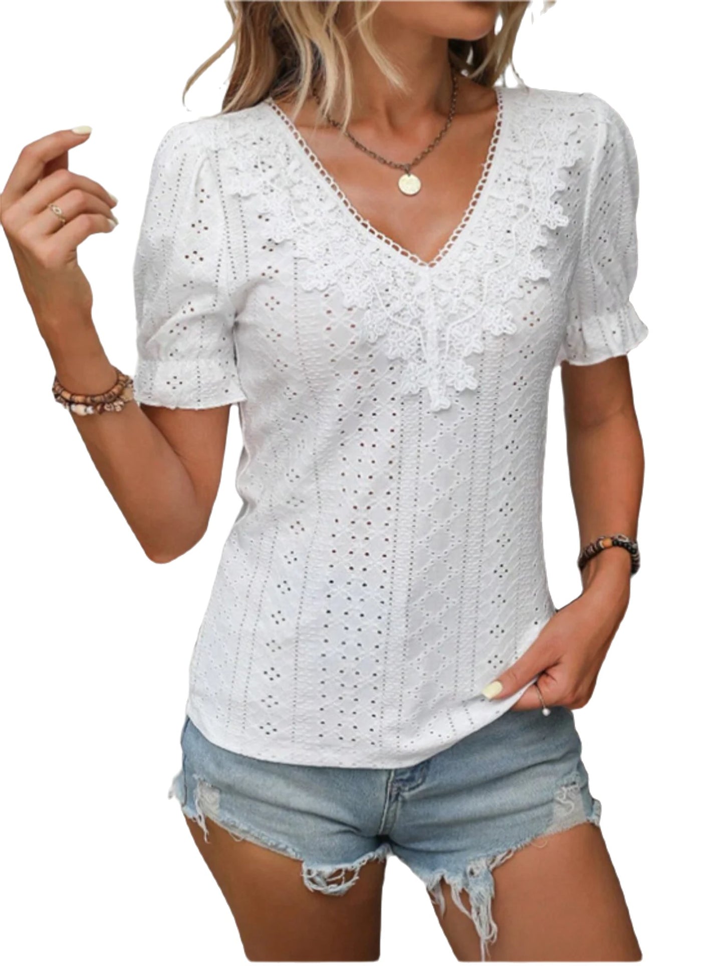 Eyelet Lace Detail V-Neck Flounce Sleeve Blouse