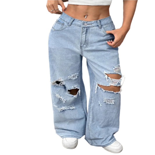 She Wild distressed wide leg jeans with pockets