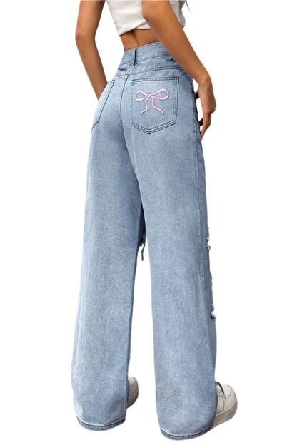 She Wild distressed wide leg jeans with pockets