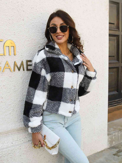 Plaid Dropped Shoulder Buttoned Chic Jacket