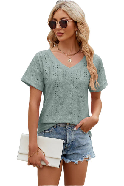 Eyelet V-Neck Short Sleeve T-Shirt