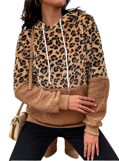 Leopard Drawstring Long Sleeve Hoodie