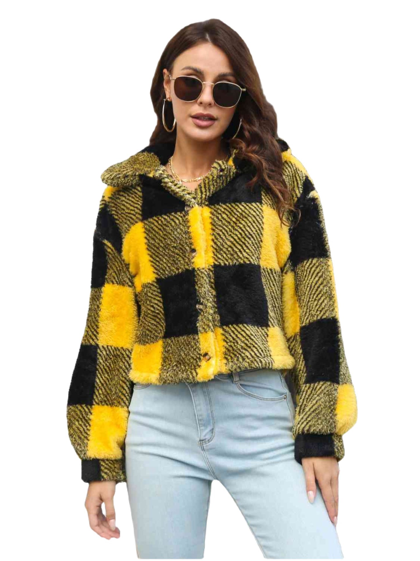 Plaid Dropped Shoulder Buttoned Chic Jacket