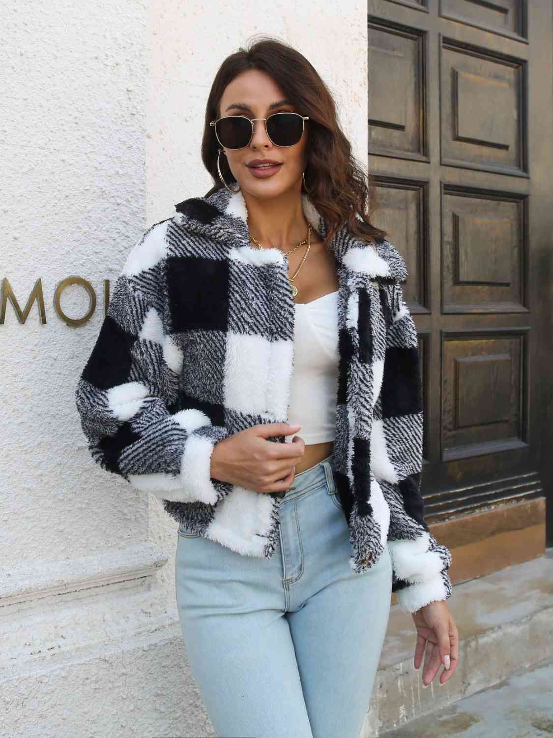 Plaid Dropped Shoulder Buttoned Chic Jacket