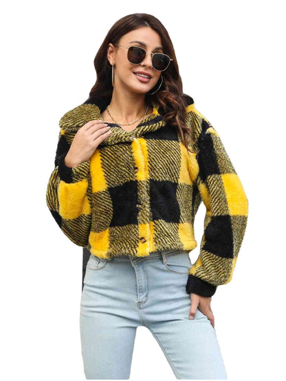 Plaid Dropped Shoulder Buttoned Chic Jacket